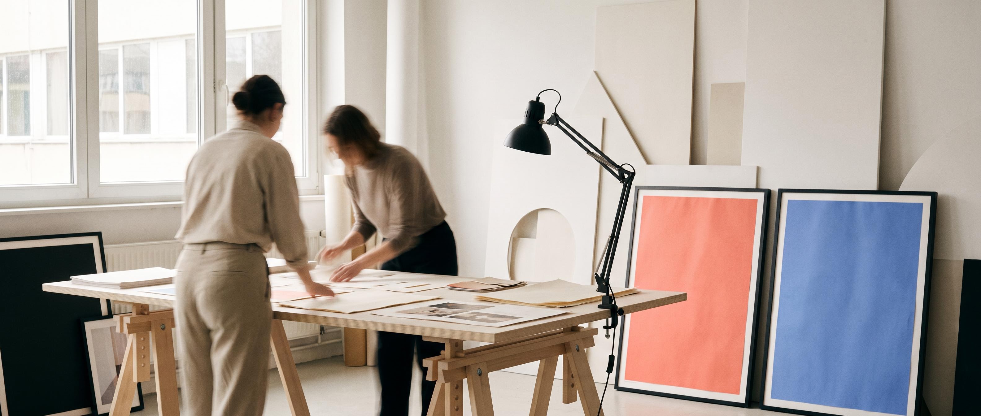 Bright design studio with coral and blue posters leaning against the wall and print samples on the table