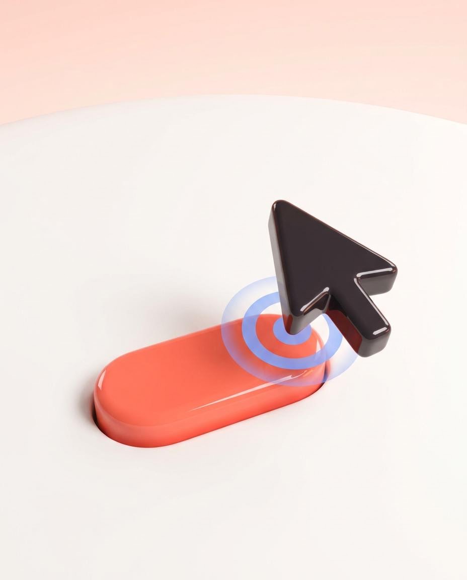 Glossy black cursor above a coral button with a blue pulse ring