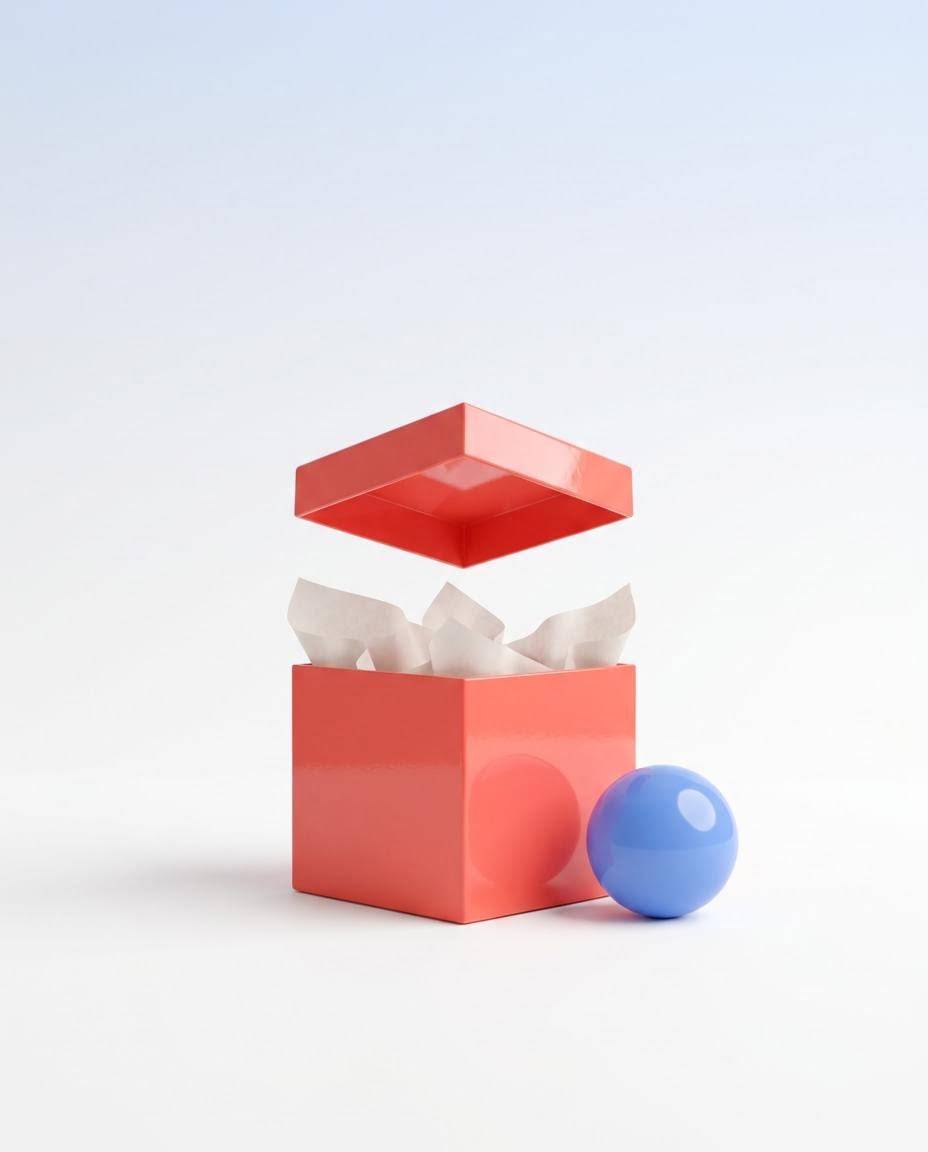 Glossy coral gift box with a floating lid and a blue sphere