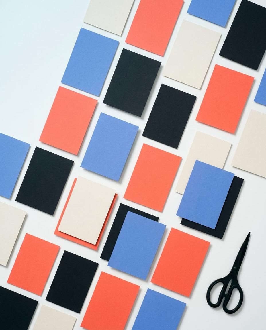 Grid of freshly printed cards in coral, blue, off-white and black