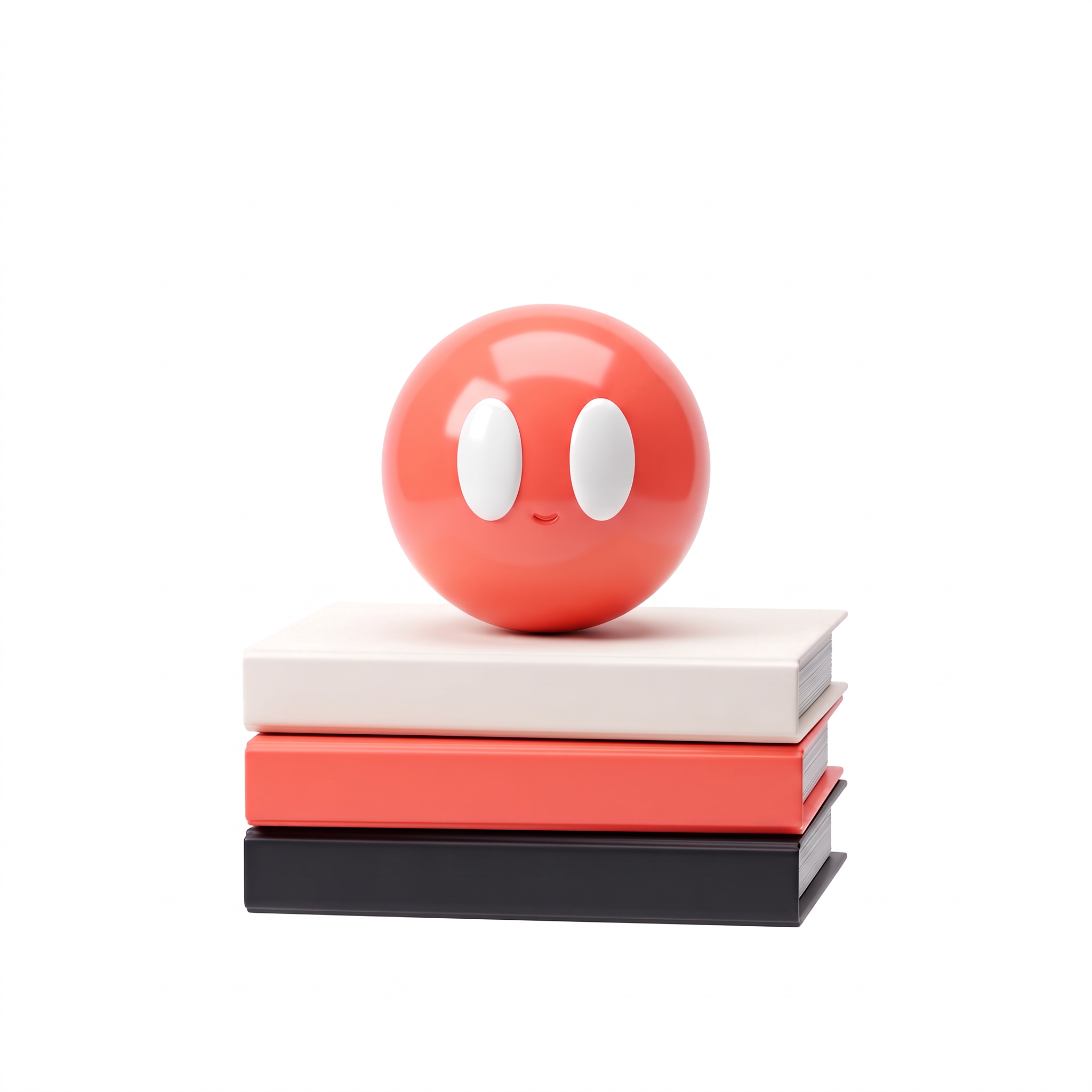 Glossy coral ball mascot, the living gheeo dot, sitting on a stack of books, its eyes following the cursor